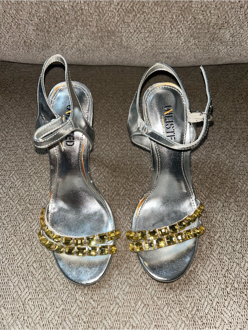 Unlisted Y2K Silver Sandal Heels with Gold Gem Straps Glam Bling Vintage